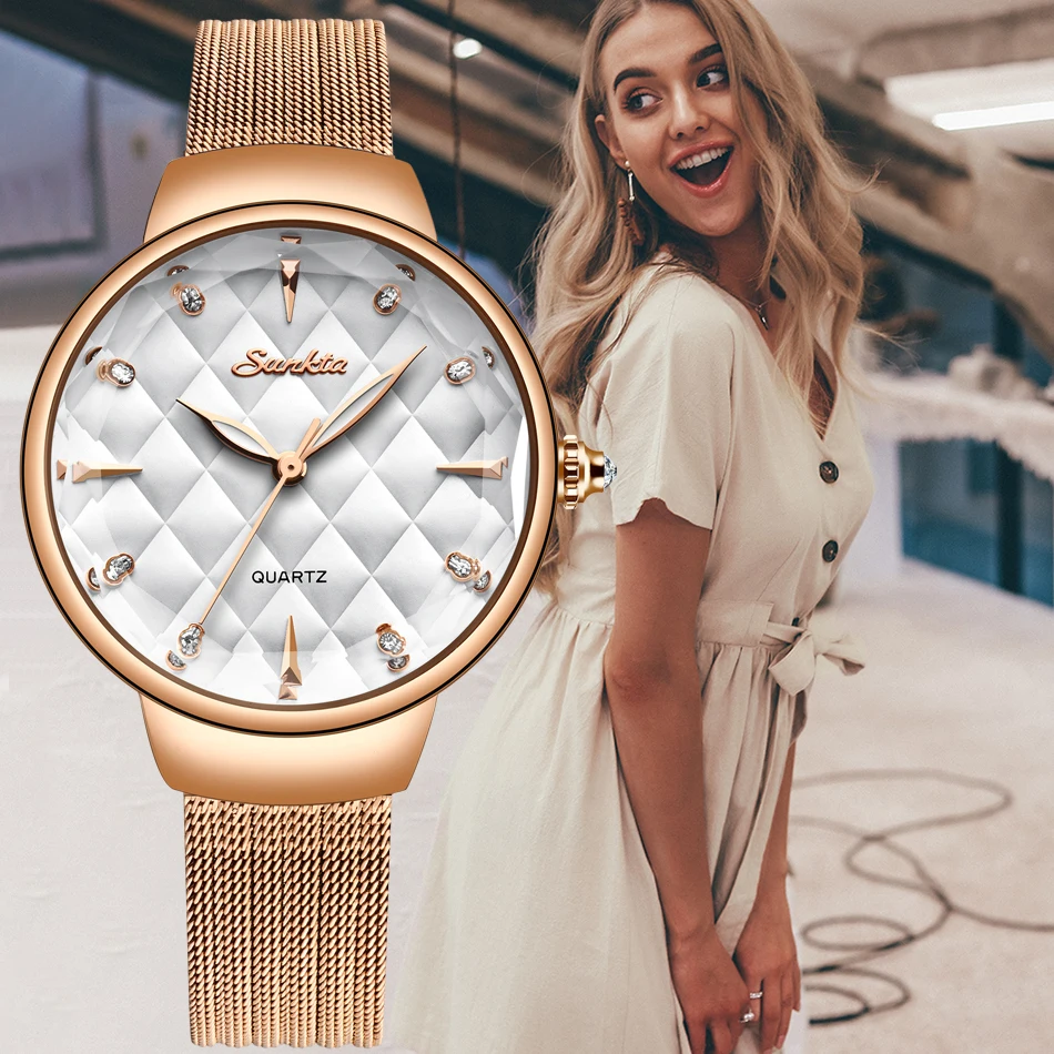 SUNKTA брендовые роскошные часы женские модные платья Кварцевые наручные из
