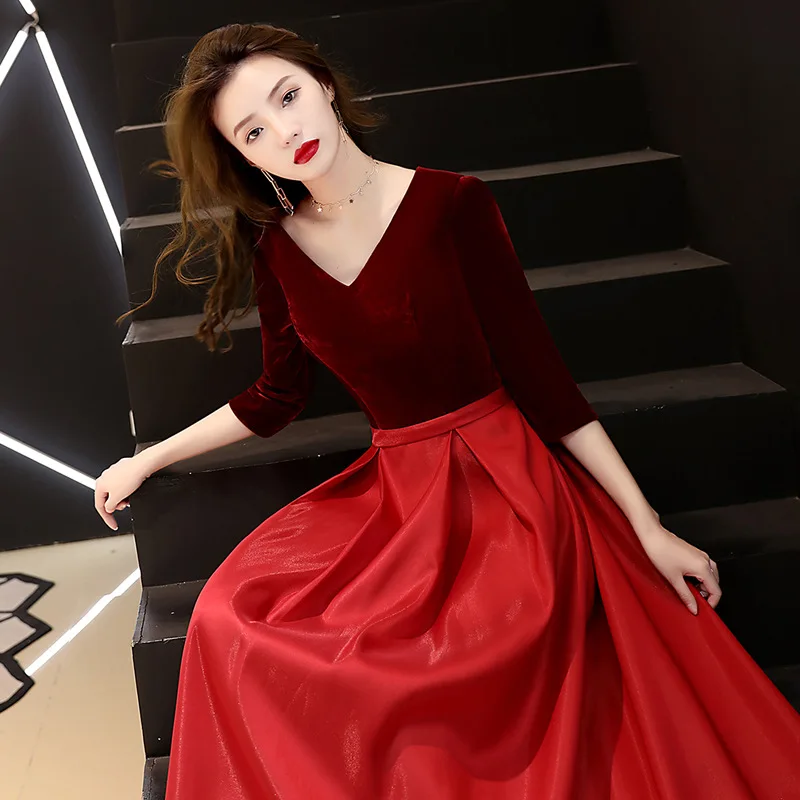 

Female Elegant Burgundy Banquet Gown XS-XXXL Vintage Evening Party Dress Temperament Classic Floor-Length Pleated Dresses