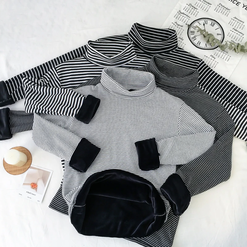 Стильные женские вельветовые Теплые толстая футболка в полоску рубашка с