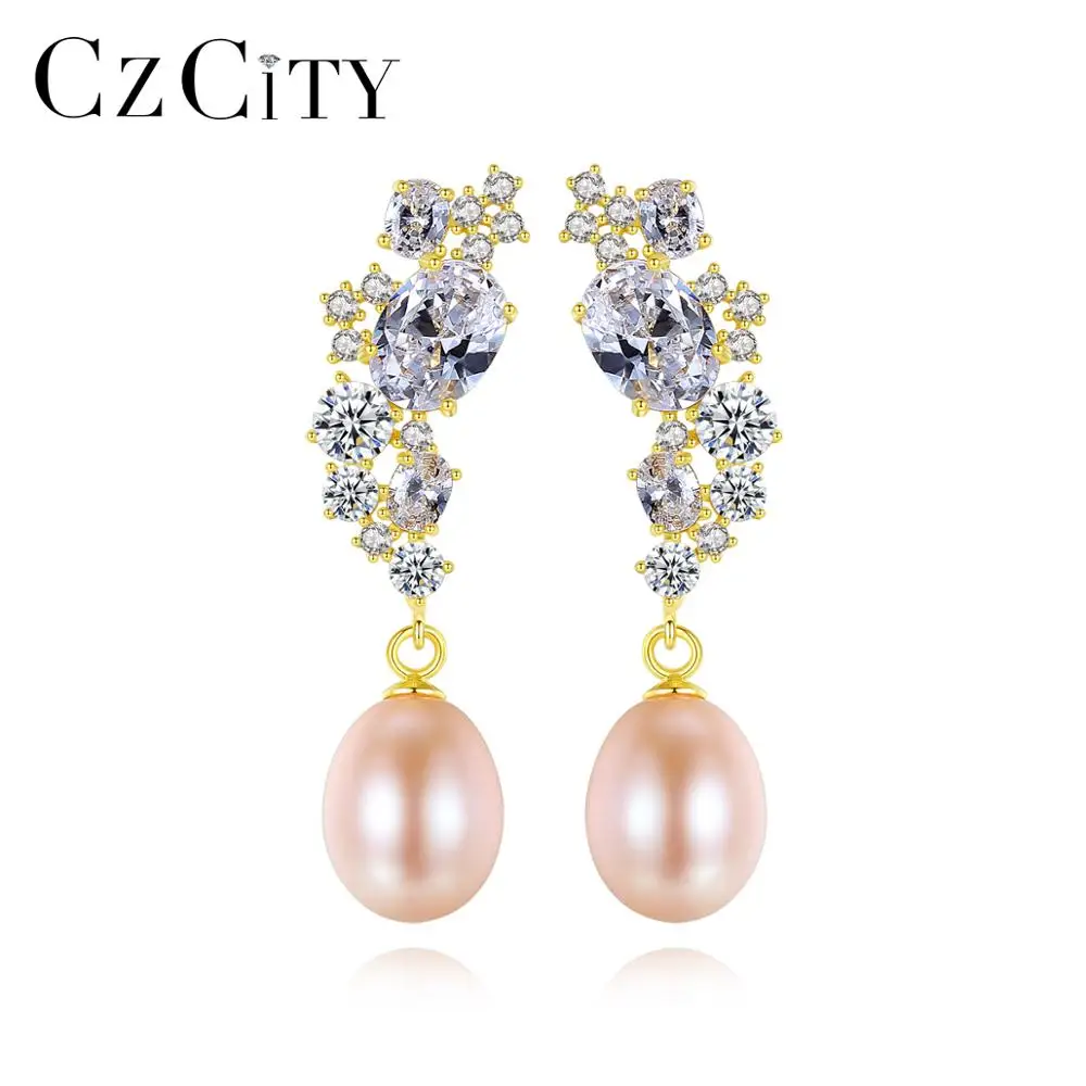 

CZCITY Аутентичные 925 стерлингового серебра с пресноводным жемчугом, длинные серьги для женщин, Серьги Висячие изысканные серьги, ювелирное из...