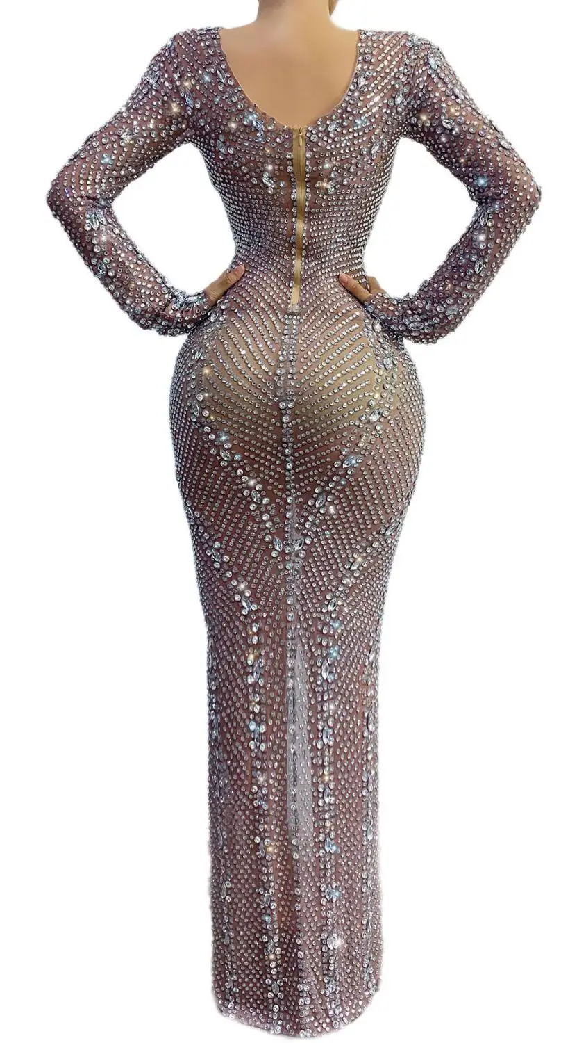 Silver Rhinestones Transparent Mesh Long Dress Women's Birthday Celebrate Prom Stage Singer Dancer Dresses | Тематическая