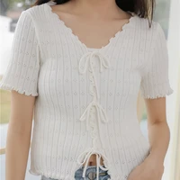 japan style soft sister pink bow short sleeve slim chic tops new v neck lace up women knit t shirts female cute sweet short top