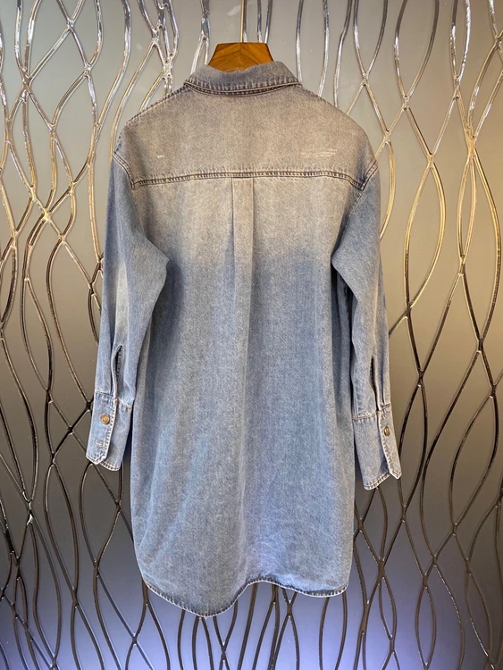 

2020 autumn and winter new women's lapel sleeves portrait pattern button long-sleeved mid-length denim dress 1017