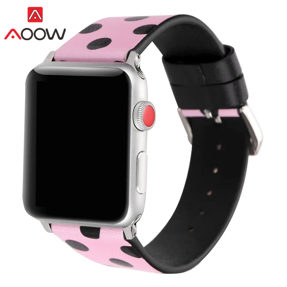 Кожаный ремешок для часов Apple Watch 40 мм 44 мм 38 мм 42 мм черный белый розовый узор в горошек браслет ремешок для iWatch 1 2 3 4