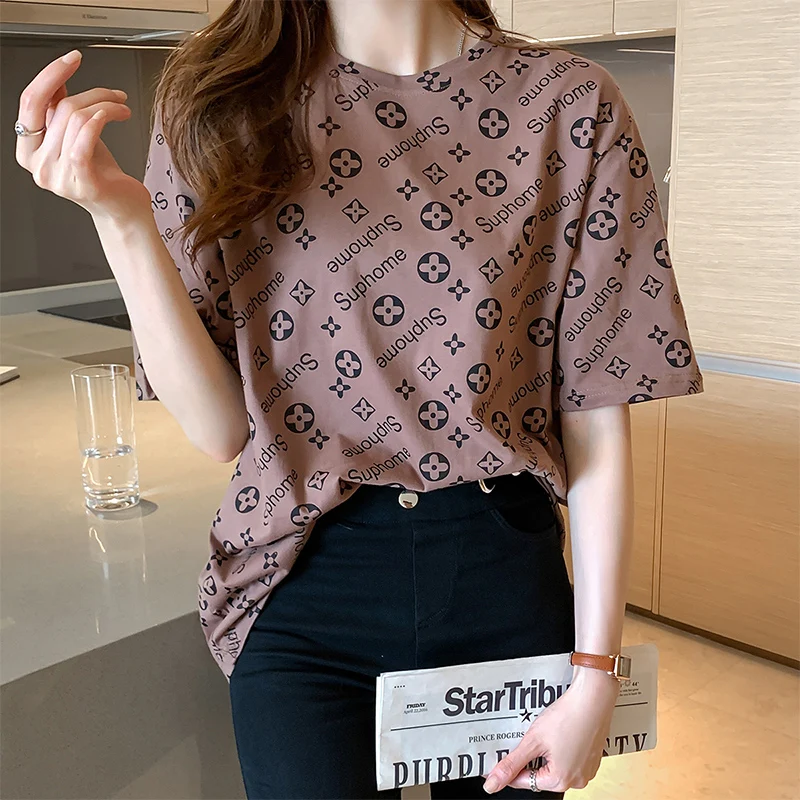 

Tshirt Women 2021 Summer Cotton O-neck Loose Balck White Crop Top Character Graphic T Shirts Women 2021 Plus Size Korean Y2k
