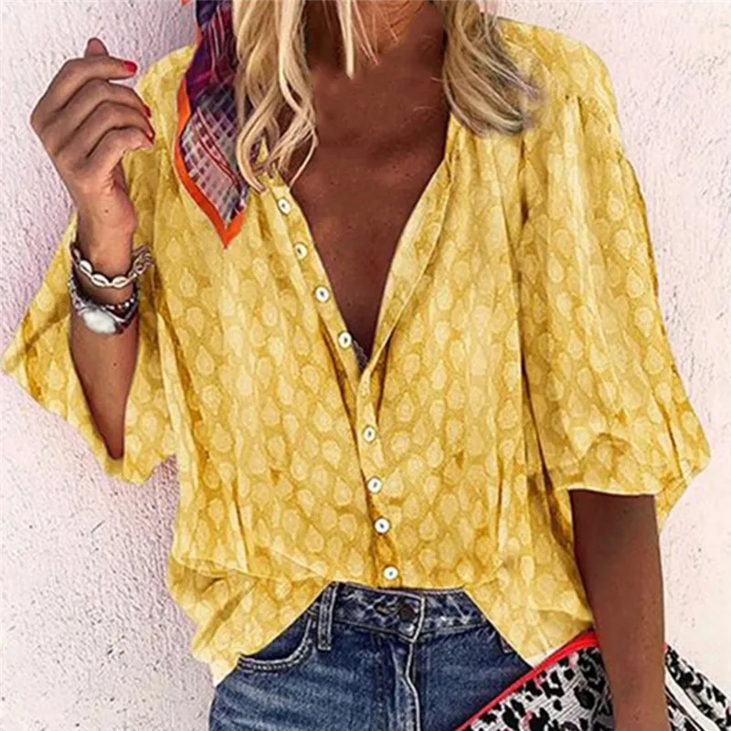 

Fashion Autumn Casual Shirt Women Printing Blouse Lantern Sleeve Perspective Sexy Shirt Polka Blouse Female Loose V-neck Tops