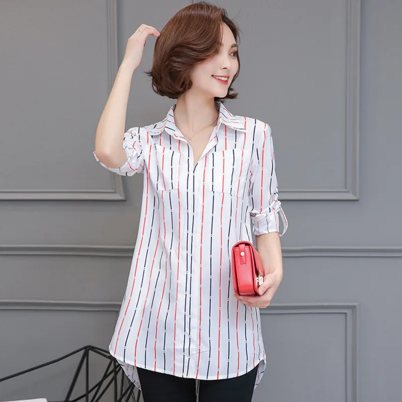 

#3029 Spring Vertrical Striped Print Blouse Women Long Sleeve Korean Style Loose Turn-down Collar Office Mid-long Blouse Ladies