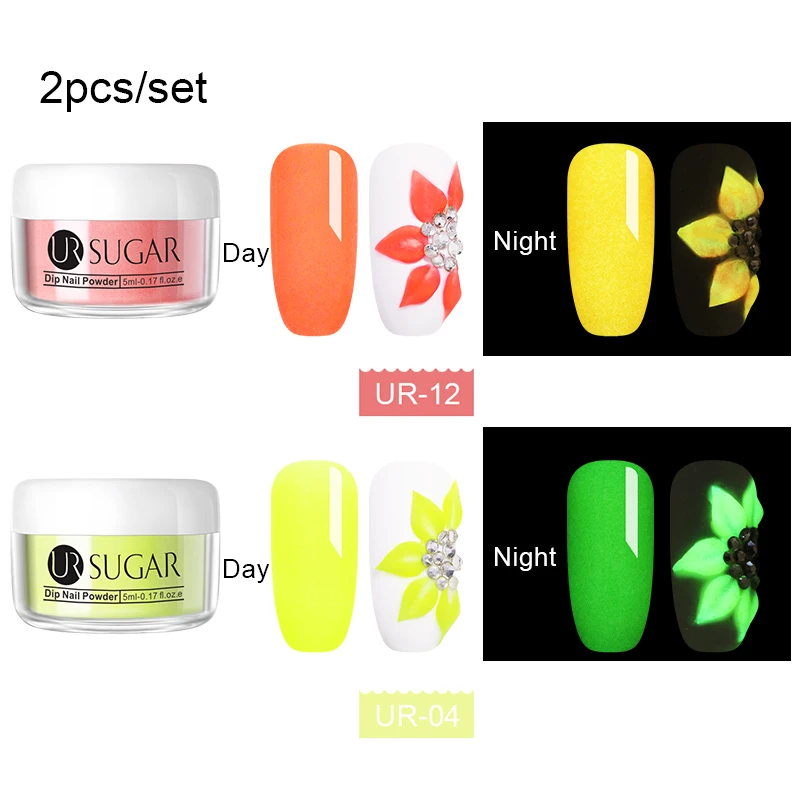 2pcs powder6 UR SUGAR светящаяся неоновая жидкость для ногтей Dip Акриловая жидкость художественные украшения флуоресцентный погружающийся блеск светящийся в темноте пигмент пыль - Цвет: 2pcs powder6