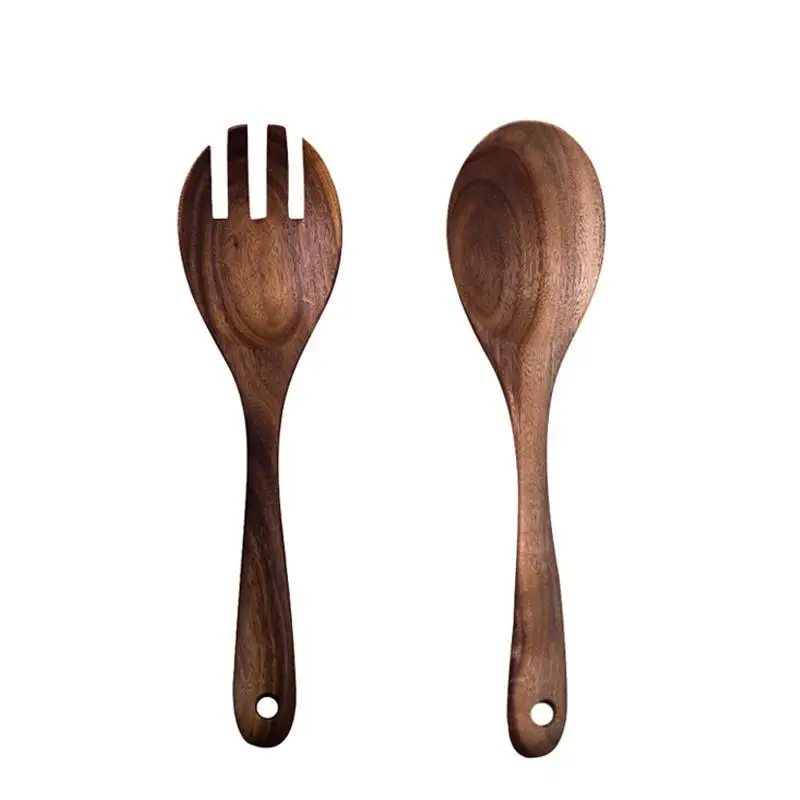

2PCS Solid Wood Salad Spoon Fork Salad Spoon Cutlery Set Long Handle Serving Spoon Set Unique Spoons Mixing Spoon Tableware