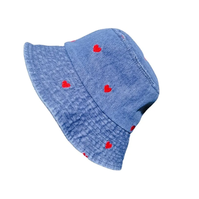 

Red Heart Embroidered Cowboy Fisherman Female Retro Basin Spring/Summer Sun Hat Bucket Hat