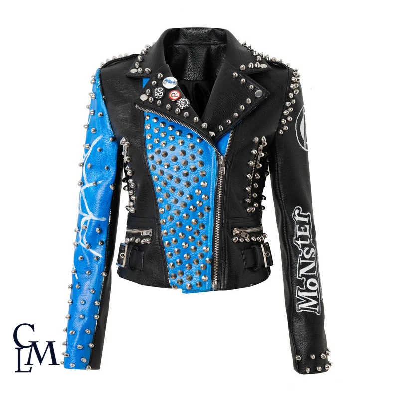 

Tide Brand New Punk Style Jacket Fashion Personality Women Rivet Slim Coat Short Leather Jacket Female Streetwear MT-1691