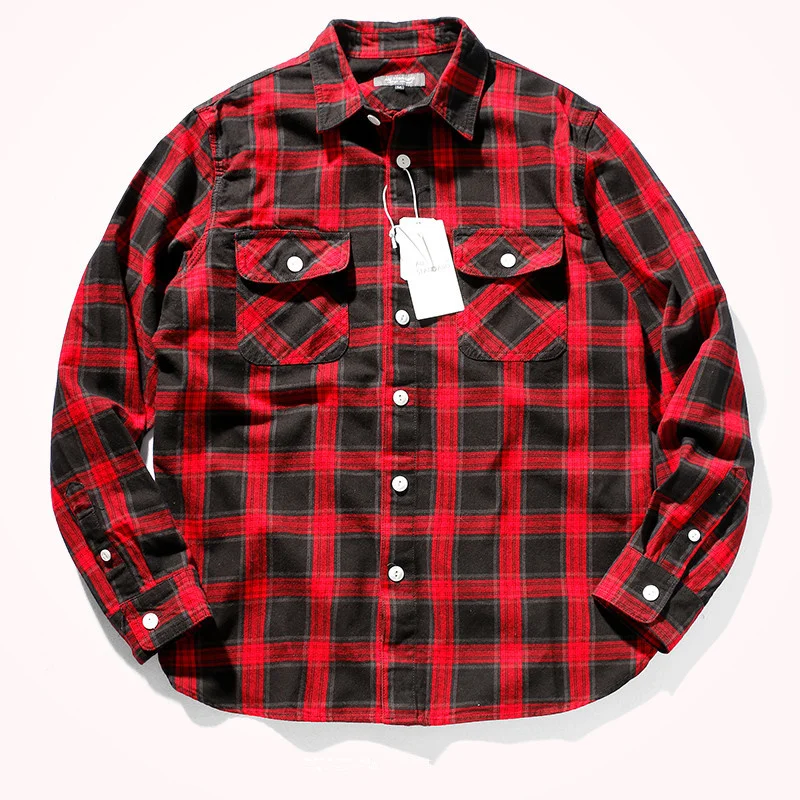 

Свободная рубашка в клетку, мужская куртка с длинным рукавом, Модная хлопковая матовая черно-белая рубашка в японском ретро стиле, рабочая р...