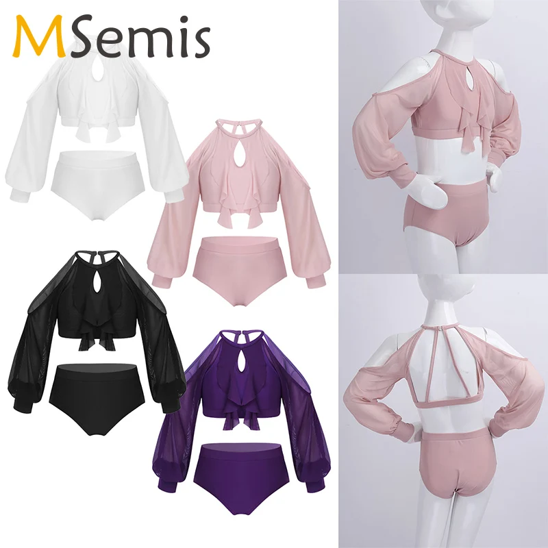 

Kids Girls Leotard Dancewear gymnastics leotard Ballet Off Shoulder Long Sleeves Caged Back Ruffled Crop Top with Briefs Set