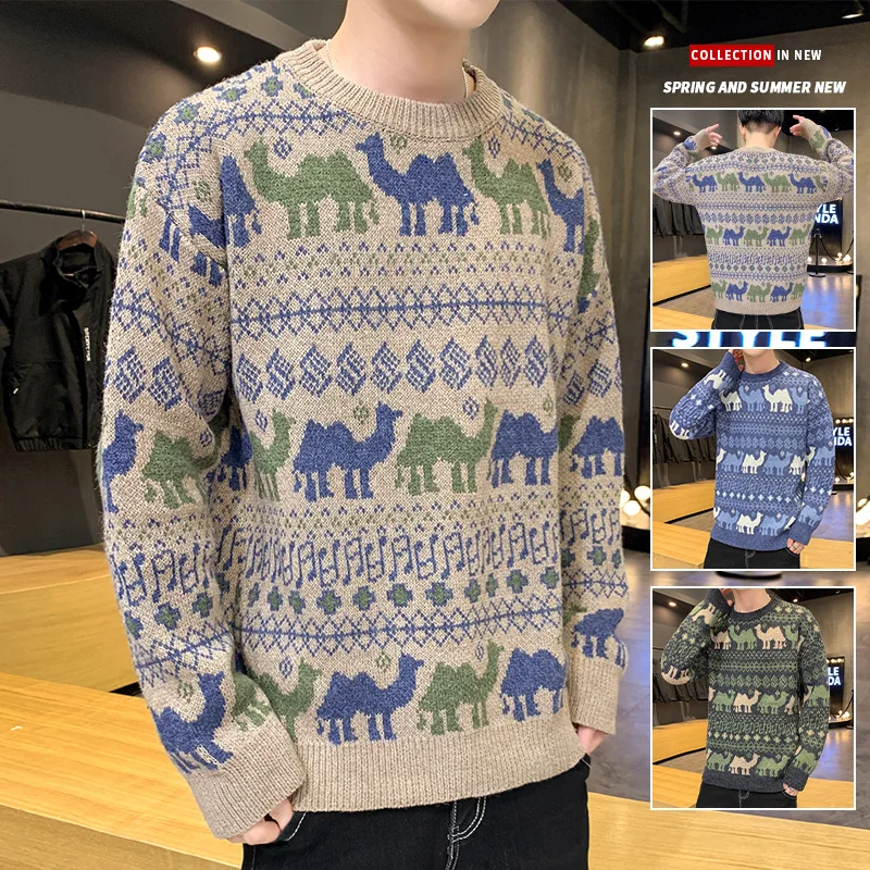 

Winter Vintage Sweater Men New Knitted Cute Camel Sweater Pullover Harajuku Men Clothing Tops