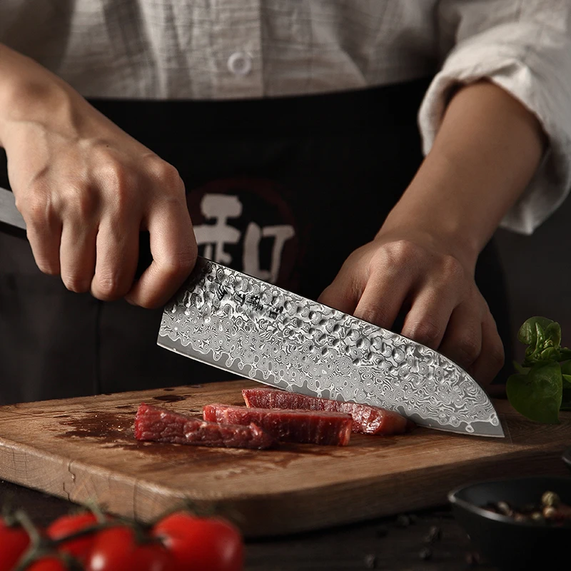 

HEZHEN 7'' inch Santoku Knife High Carbon Damascus Steel Cleaver Knife High Quality Premium Ebony wood+Buffalo Horn Handle