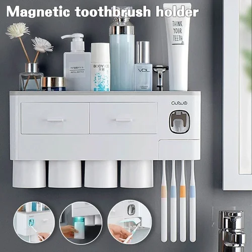 

New Magnetic Adsorption Toothbrush Holder Automatic Toothpaste Dispenser Toiletries Storage Rack Bathroom Accessories