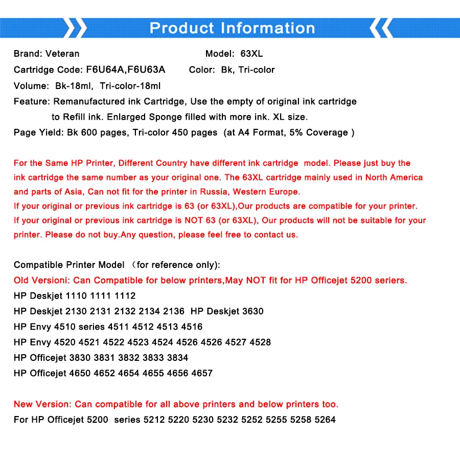 Сменный картридж Veteran 63XL для принтера hp 63 XL hp63 чернильный Officejet 5220 5230 5232 5252 5255 5258