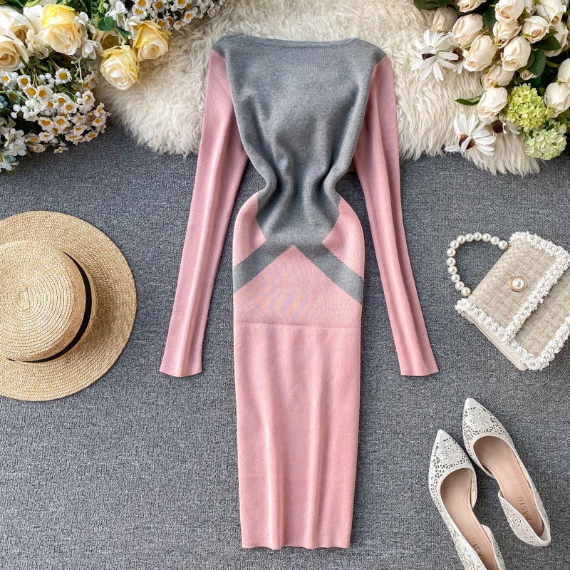 Женское трикотажное платье ALPHALMODA хит разноцветное до колена с длинными рукавами