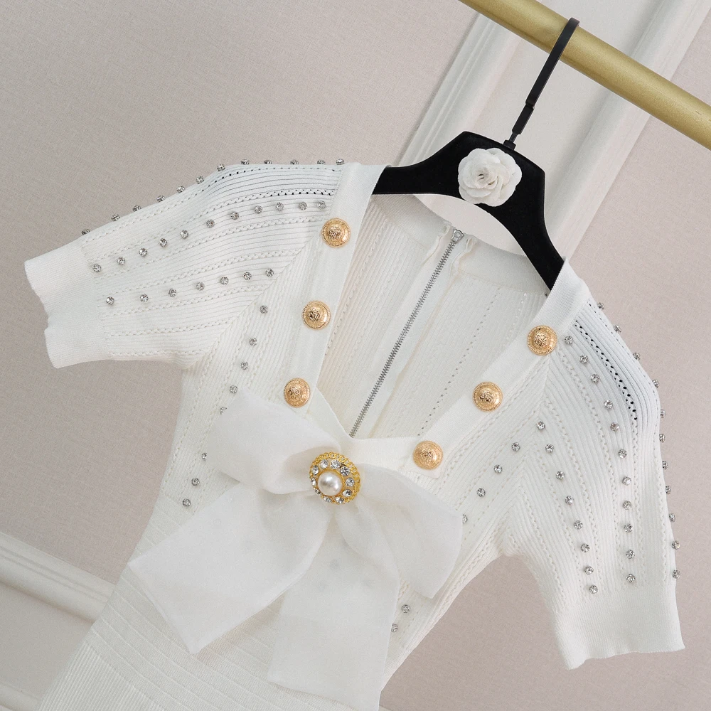 

Elegant Woman Summer Rhinestone Contrast Color Knitted Short Dresses 2021 Sexy Diamonds Solid Color Slim Mini Party Dress Female