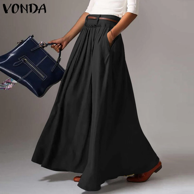 

Summer Skirt Women's Casual Solid Color High Waist A-line Long Skirts 2021 VONDA Spring Bohemian Skrits Streetwears
