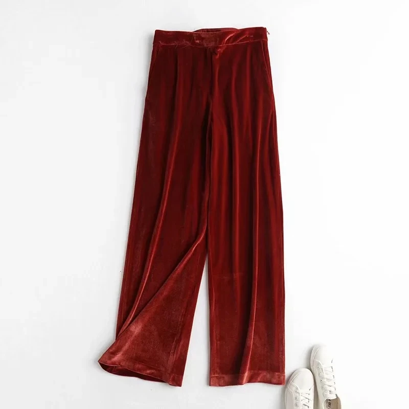

Women Pantalones Casual High Waist Trousers Women 2020 England Fashion Solid Vintage Loose Winter Velvet Wide leg Pants