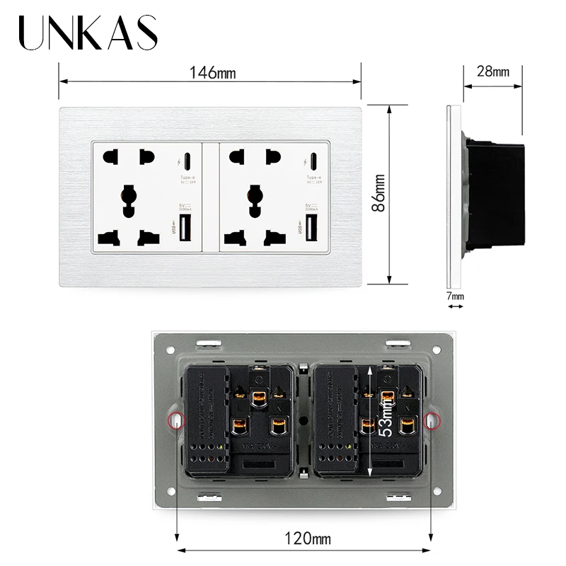 UNKAS Type-C USB Port Universal 5 Hole Pin Socket Stainless Steel Aluminum Acrylic Panel 3100mA Smart Quick Charge Outlet | Обустройство