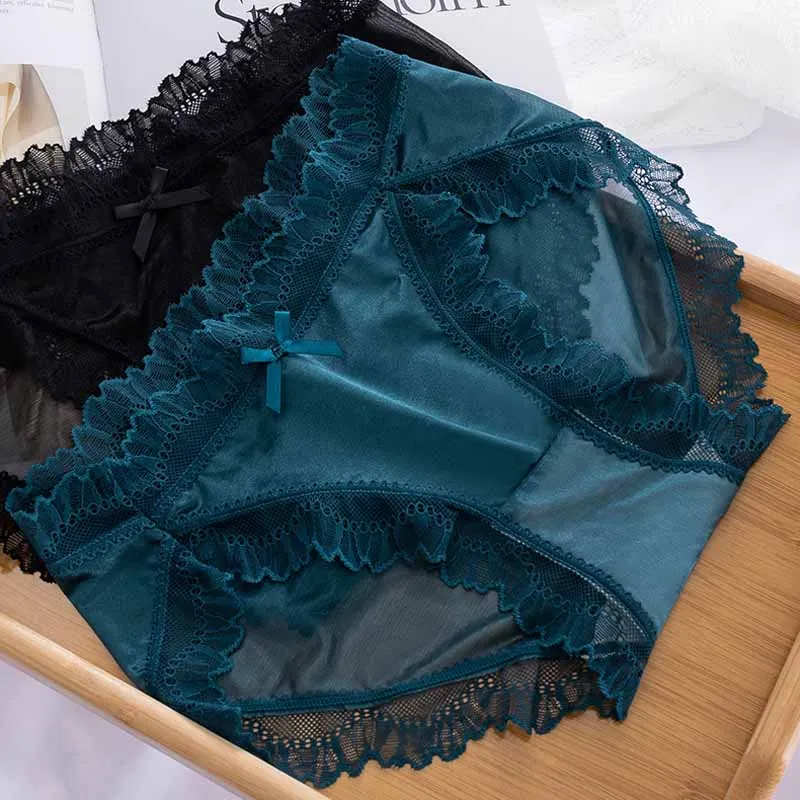 

Wasteheart Women Fashion Green Soft Lace Trim Cotton Bow Mid Waist Panties Underwear Lingerie Briefs Plus Size Underpants M L XL