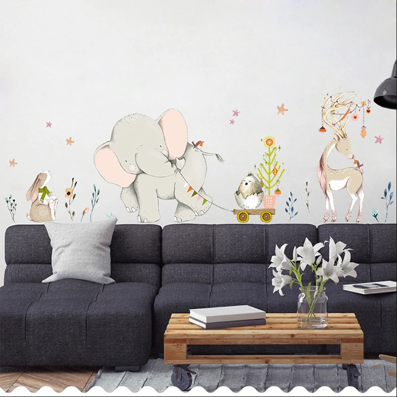 Счастливый ребенок слон зайчик Олень Наклейка на стену Декор детской комнаты