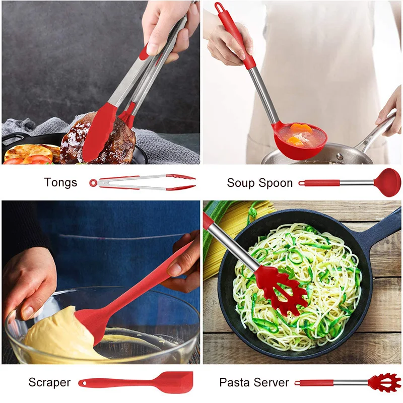 14pcs stainless steelsilicone turner soup spoon strainer pasta server scraper egg beater cooking utensils set kitchen gadgets free global shipping