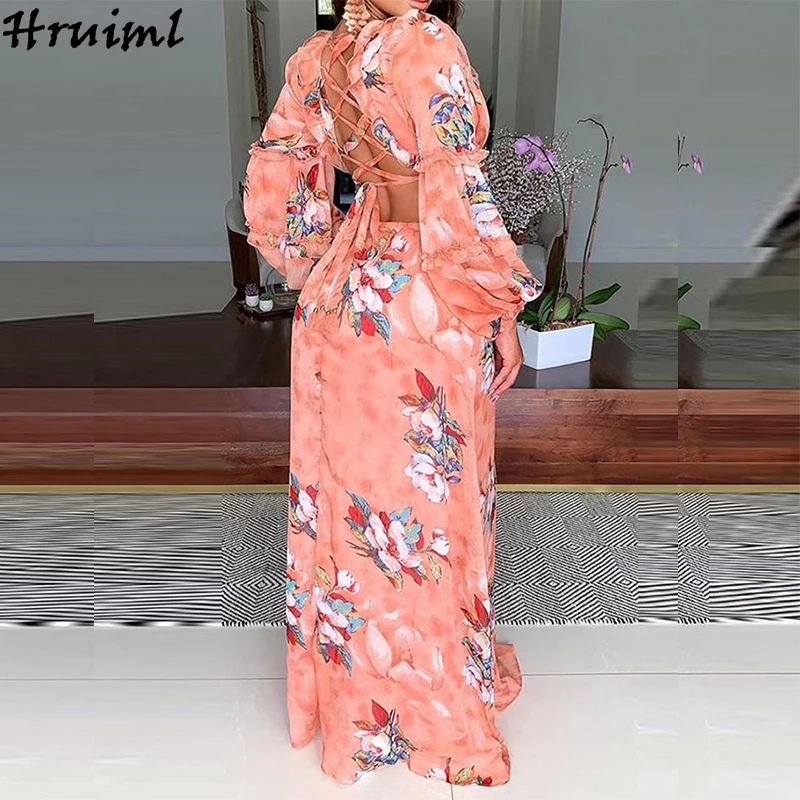 

Long Boho Dress Women Autumn Long Sleeve V Neck Ladies Maxi Dress Floral Print Sexy Hollow Big Swing Beach Holiday Pink Dress