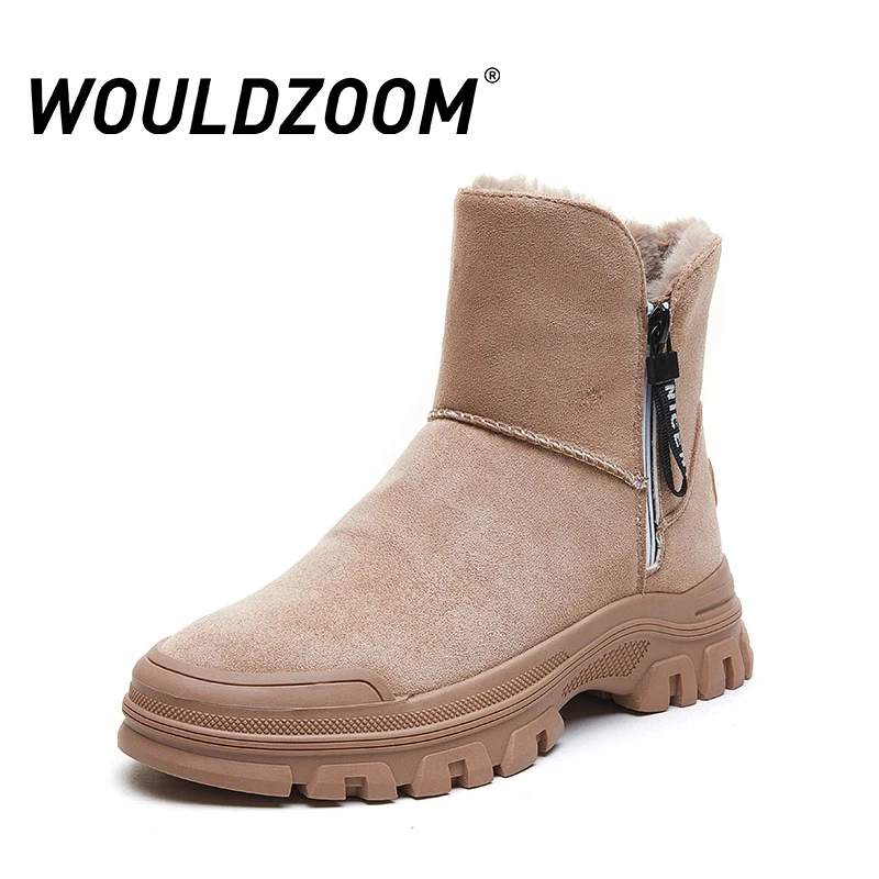 

WOULDZOOM 2021 Winter Casual Shoes Women Flat Platform Zip Faux Fur Add Cotton Warm Ladies Boot Woman Snow Boots Free Shipping
