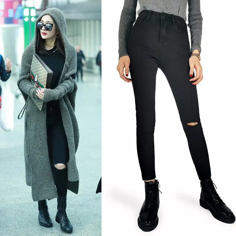 Spring Autumn New Style Fashion Design High Waist Versatile Elastic Black Knee Perforated Little Leg Jeans Woman No Fading A6