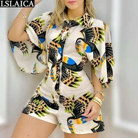 cheap wholesale items female jumpsuit flare sleeve turn down collar parrot print overalls shorts elegant casual women jumpsuits