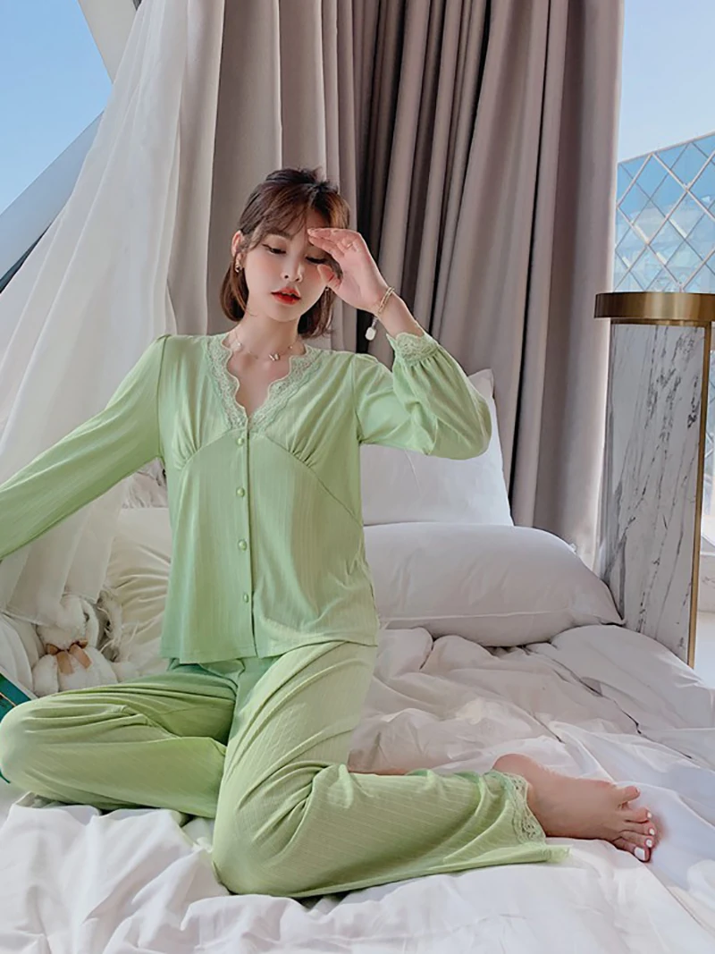 New Fashion Pajamas Women Pit Strips Pure Cotton Comfortable Lace Sexy Court Style Temperament Long-Sleeved Suit Home Service