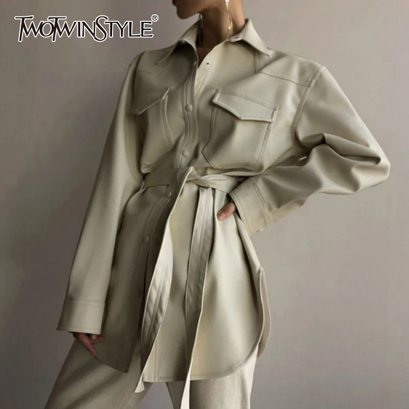 TWOTWINSTYLE/женские пальто из искусственной кожи в Корейском стиле с воротником и