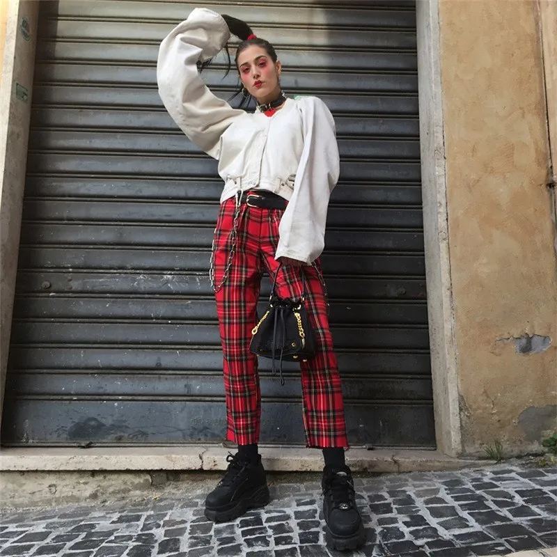 Женские клетчатые брюки свободные карандаш в стиле ретро панк красный|Брюки| |