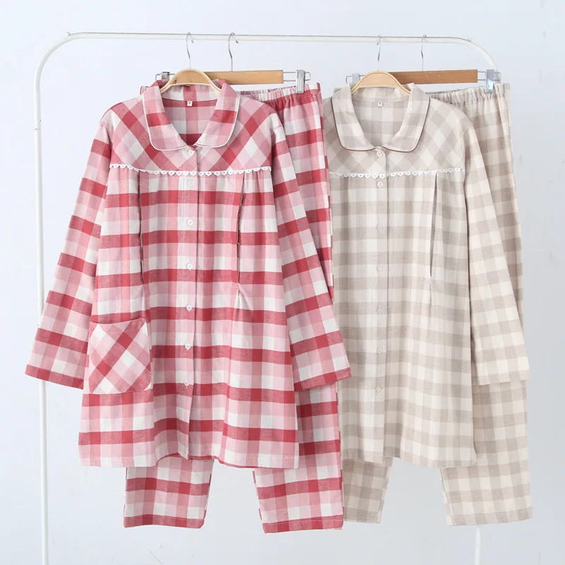 Fdfklak S-XXL Large Size Spring Autumn Plaid Nursing Mothers Clothes 100% Cotton Breast Feeding Pajamas Maternity Nightwear