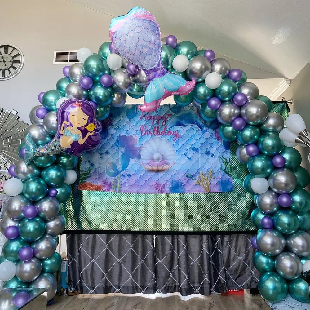 

114pcs Mermaid Tail Balloon Garland Arch Set Metallic Silver Green Globos Little Mermaid Theme Birthday Party Decoration Supplie