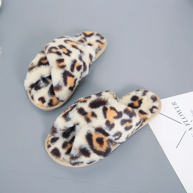 2021 Leopard Print Cross Design Plush Slippers Women Warm Fluffy Cozy Faux Fur New Flat Bottom Home Flip-flops | Обувь