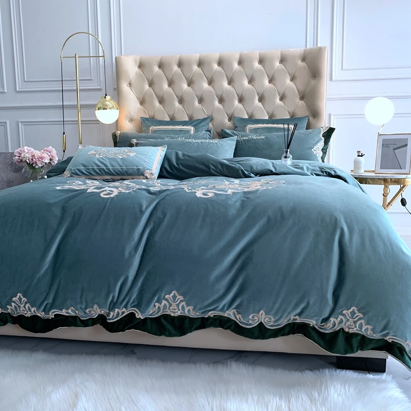 

4/7pcs Blue Bedding Set Velvet Bed Linens Bed Sheet Set Bedclothes Queen/King Size embroidery Bed cover 4pcs