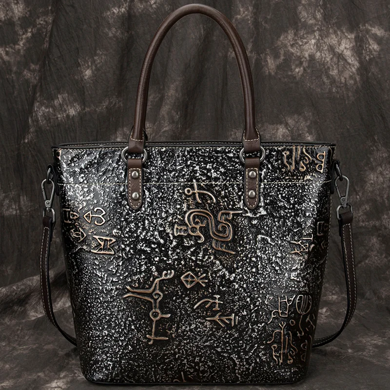 

Women Shoulder Embossed Messenger Cross Body Handbag Tote Purse National Style Top Handle Bags Female Genuine Leather Bag