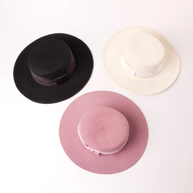 USPOP, новинка, Осень-зима, плоский верх, шерсть, fedoras, для женщин, Широкий Бант, лента, шерсть, шапки, модные, женские, одноцветные, толстые, шерстяные шапки