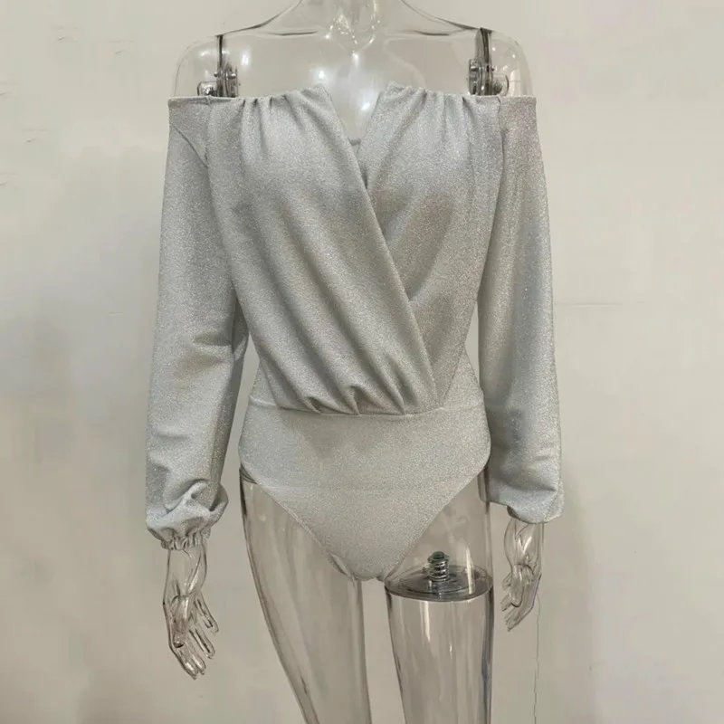 

Fashion New Long-sleeved Pleated Jumpsuit torticollis Shiny One-piece Off-shoulder Strapless Sexy Triangle Jumpsuit 2020