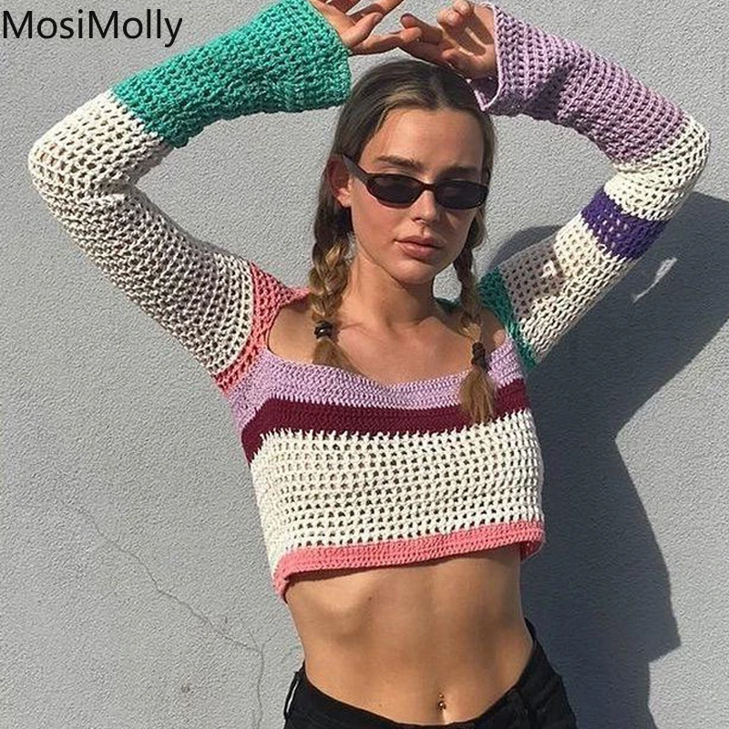MosiMolly Handmade Sweater Striped Sweater Pullovers Women Long Sleeve Cropped Color Block Jumper Knits Pullovers 2021 AW  - buy with discount