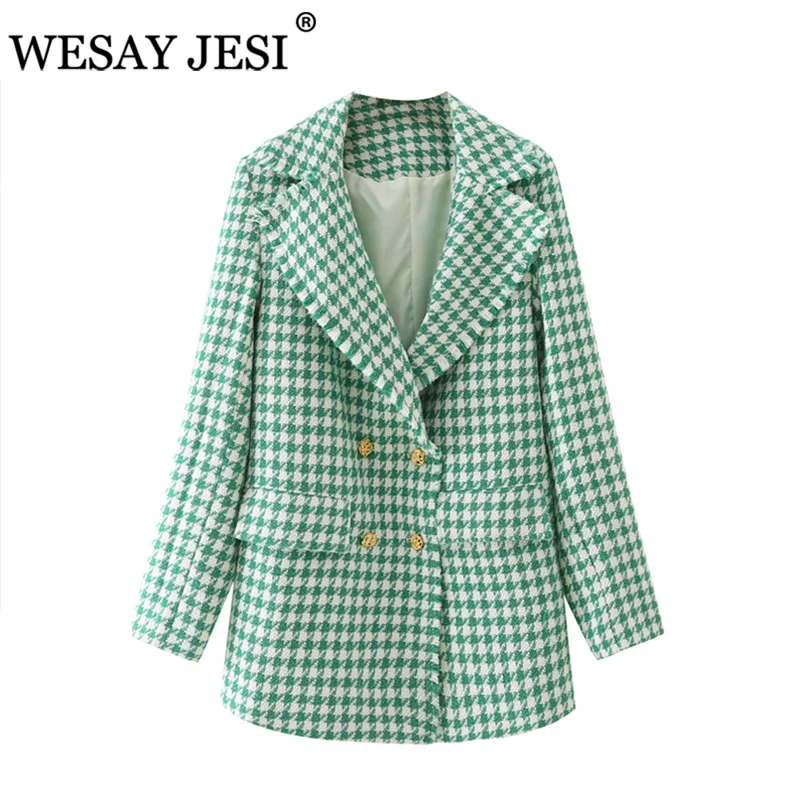 

WESAY JESI Women Autumn Green Houndstooth Blazers TRAF ZA 2021 New Notched Collar Double Breasted Woman Female Checked Coat
