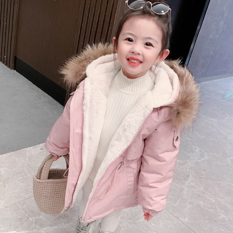 

Winter Jacket For Girls Children's Clothing Thick Plush Drawstring Parkas Warm Long Artifical Fur Coat For 3-8 Years Kids