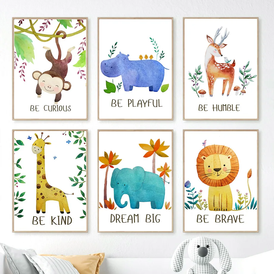 

Giraffe Lion Monkey Elephant Zebra Deer Bear Fox Nordic Poster And Prints Wall Art Canvas Painting Wall Pictures Kids Room Decor