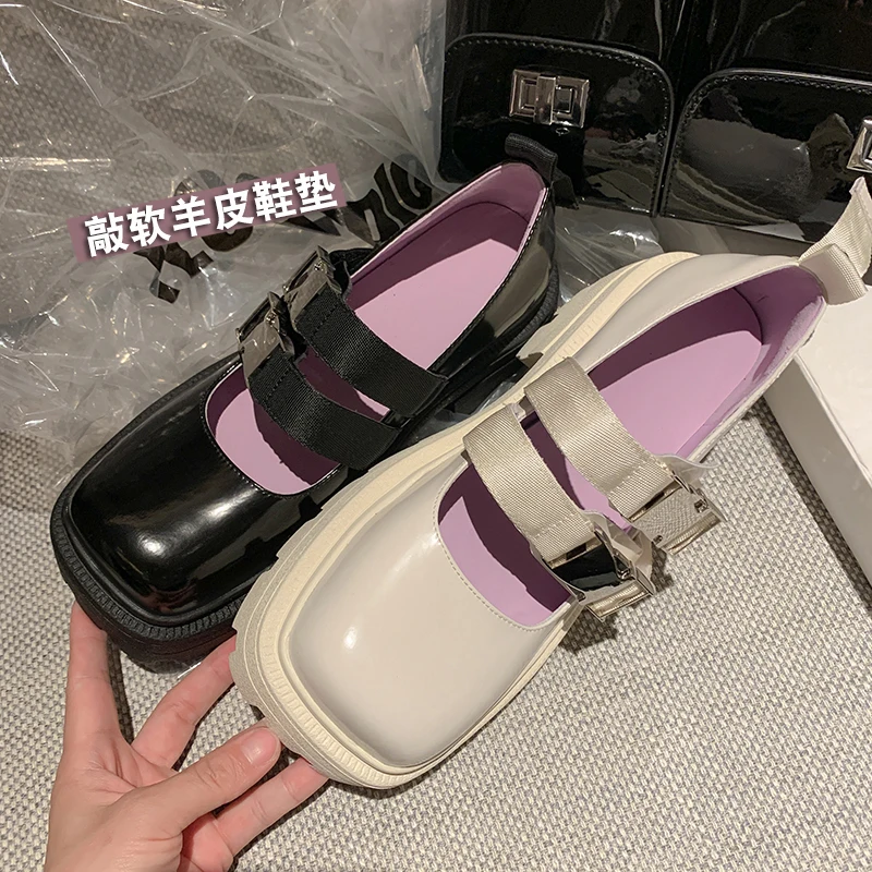 

【JOCHEBED HU】Metal Casual Double Buckle Thick Bottom Shoes Womens Classic Leather Mary Jane Fashion Breathable Square Toe Female