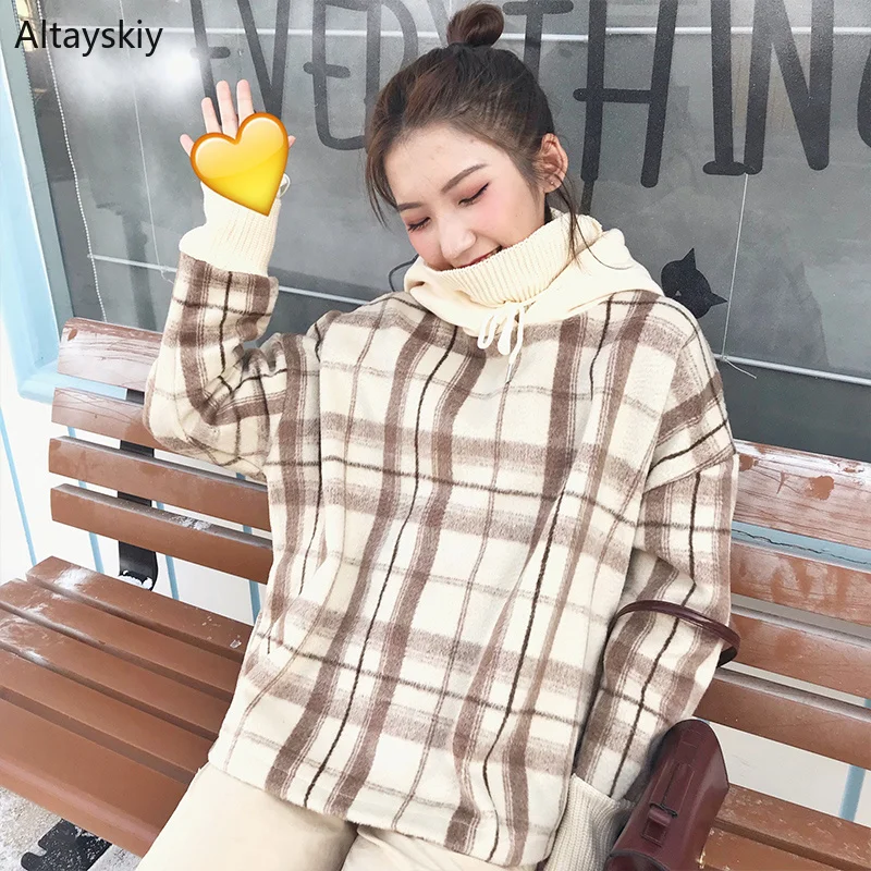 Толстовки женские клетчатые простые с капюшоном в Корейском стиле свободный
