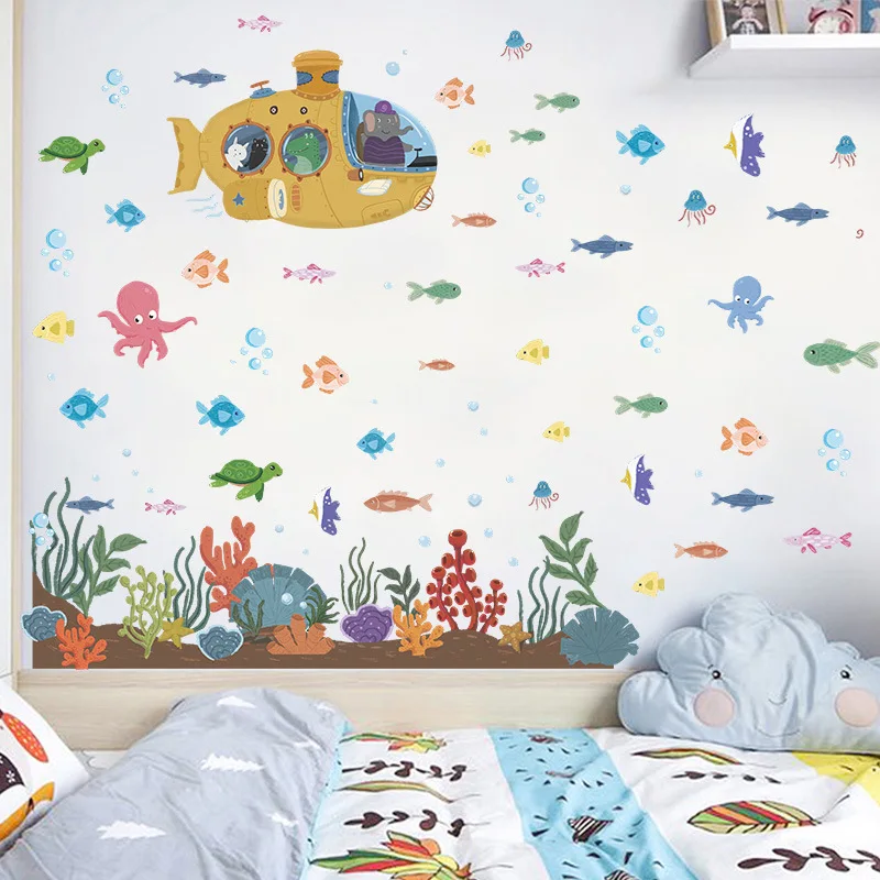 

Cartoon Animal Paradise Underwater World Wall Sticker Happy Fish Group Bedroom Decor Children's Room Scene Layout Stickers